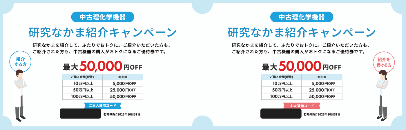 紹介クーポン2026のチケットのイメージ。ご本人様用コードとお友達用コードの2枚つづりで、コード部分は塗りつぶしています。